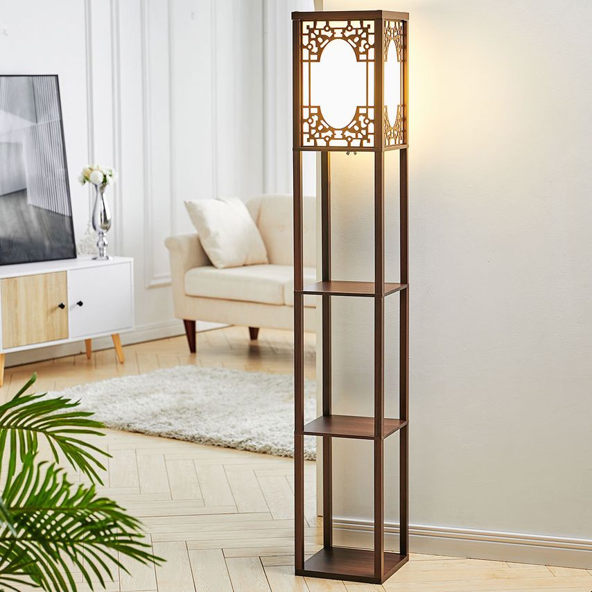 Living and Home Floor Lamp Wood Standing with Storage Shelf