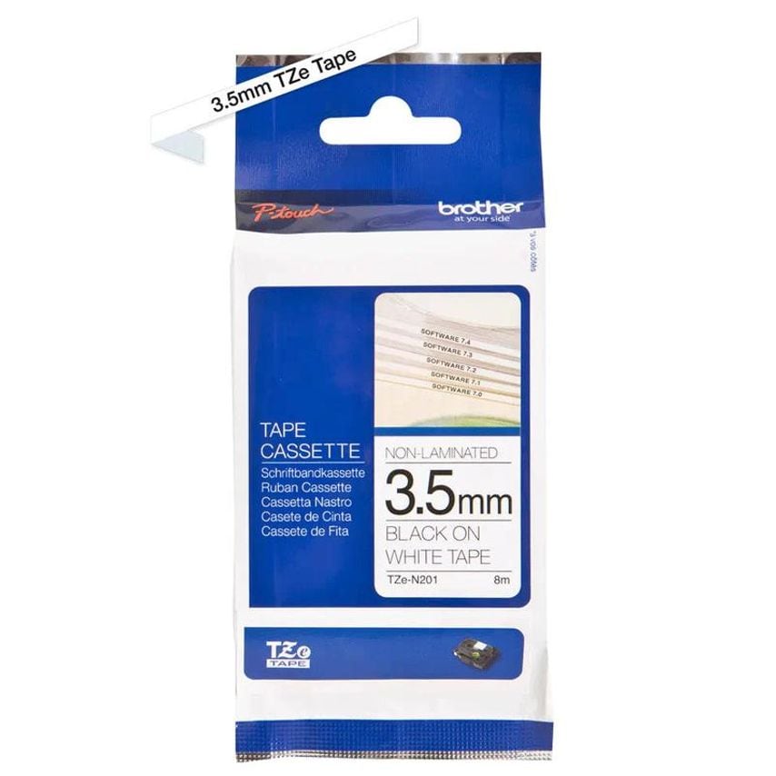 P-Touch Brother Black On White Label Tape 3.5mm x 8m - TZEN201
