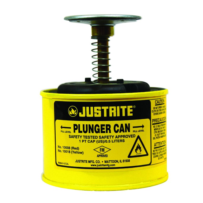 Justrite Plunger Dispensing Can, 1 Quart, Perforated Pan Screen Serves As Flame