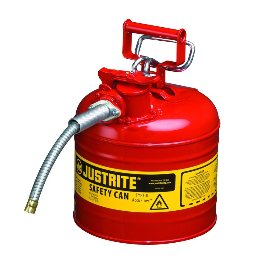 Justrite Type II Accuflow Steel Safety Can for Flammables, 2 Gal., S/S Flame Arr
