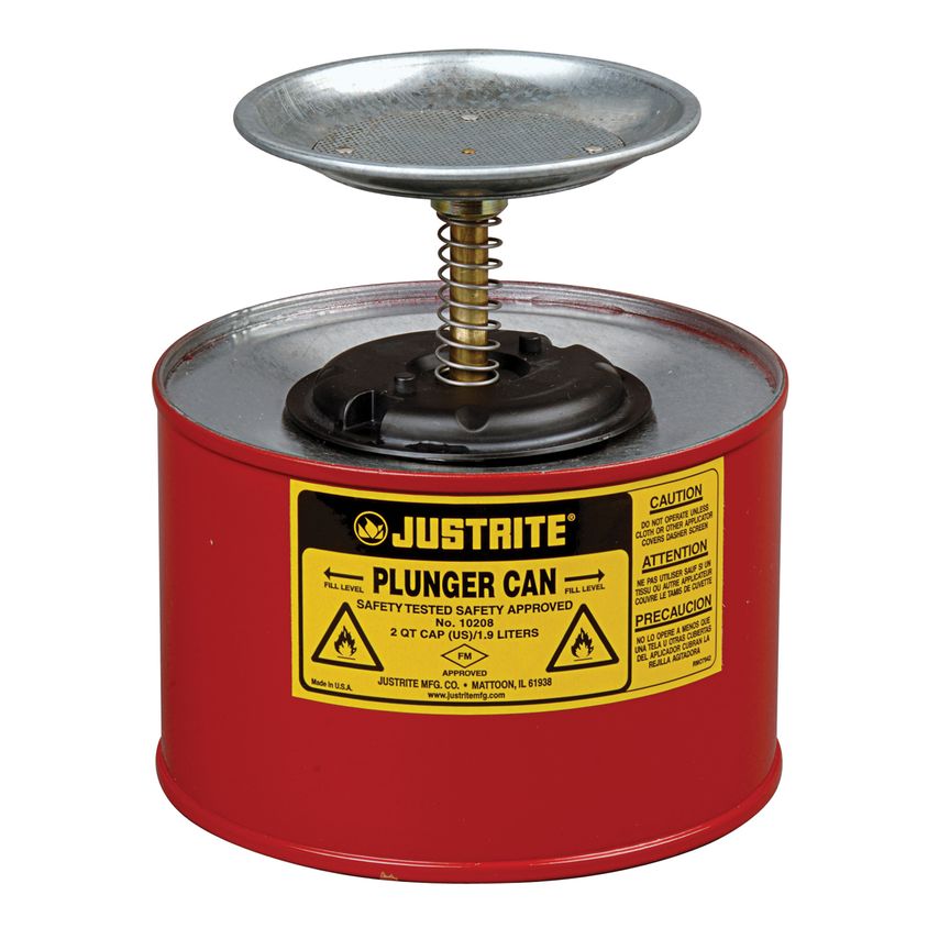Justrite Plunger Dispensing Can, 1 Quart, Perforated Pan Screen Serves As Flame