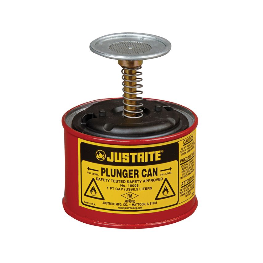 Justrite Plunger Dispensing Can, 1 Pint, Perforated Pan Screen Serves As Flame A