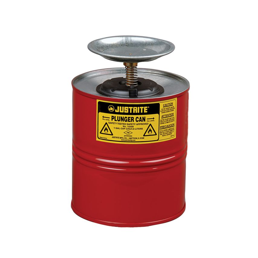 Justrite Plunger Dispensing Can, 1 Gallon, Perforated Pan Screen Serves As Flame