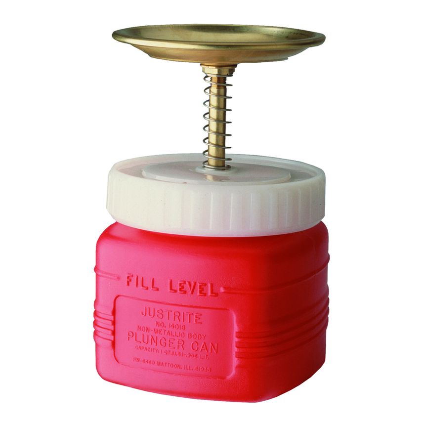 Justrite Plunger Dispensing Can, Nonmetallic, Perforated Screen Serving As Flame