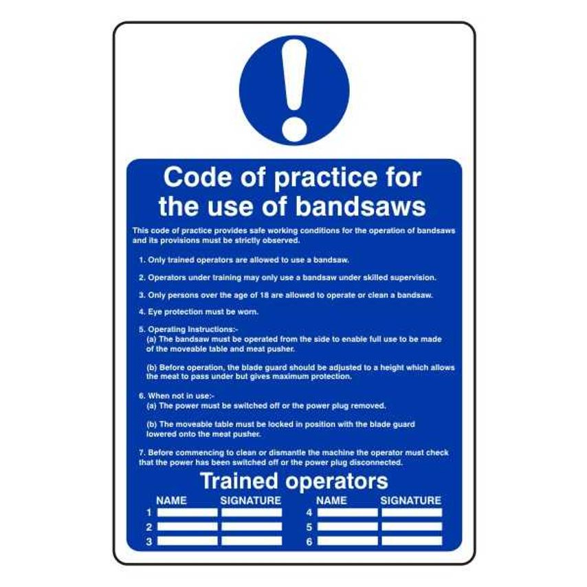 Lasting Impressions Code of Practice for The Use of Bandsaws Sign Label