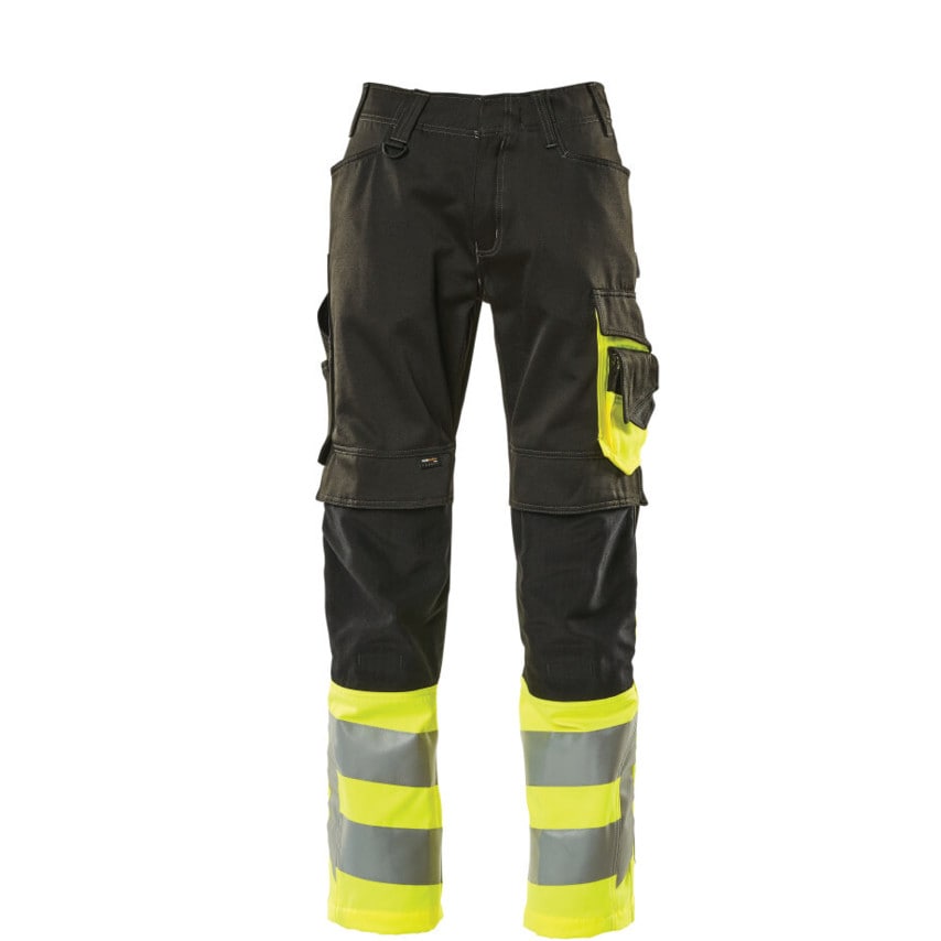 Mascot Leeds Trousers with Kneepad Pockets Black/Hi-Vis Yellow (L32W48.5)