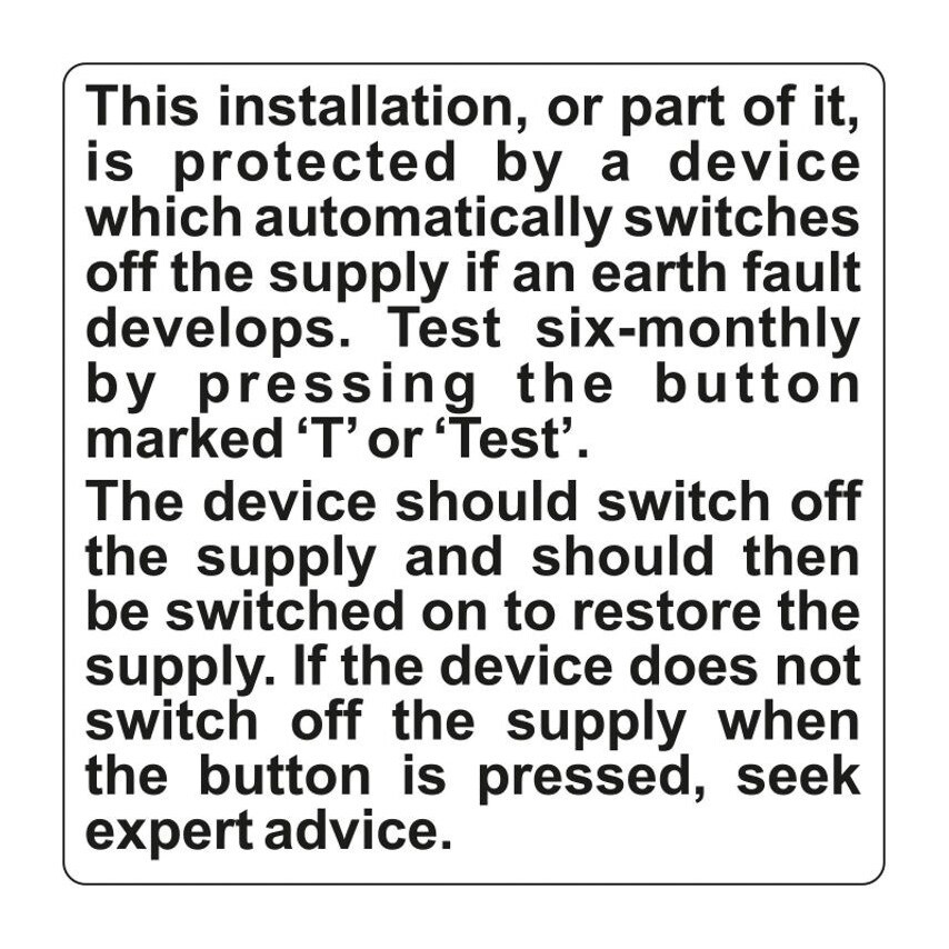 Centurion Europe Important RCD Test Label - PACKOF5 PVC (75 X 75MM)