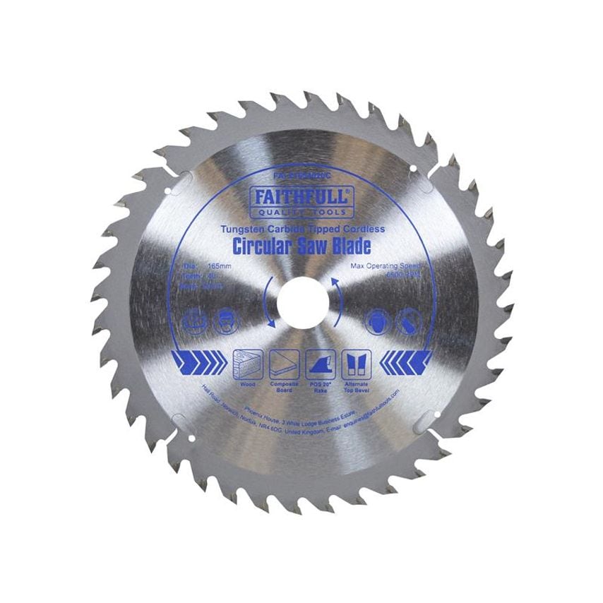 Faithfull TCT Cordless Trimsaw Blade 165 x 20mm x 40T POS FAIZ1654020C
