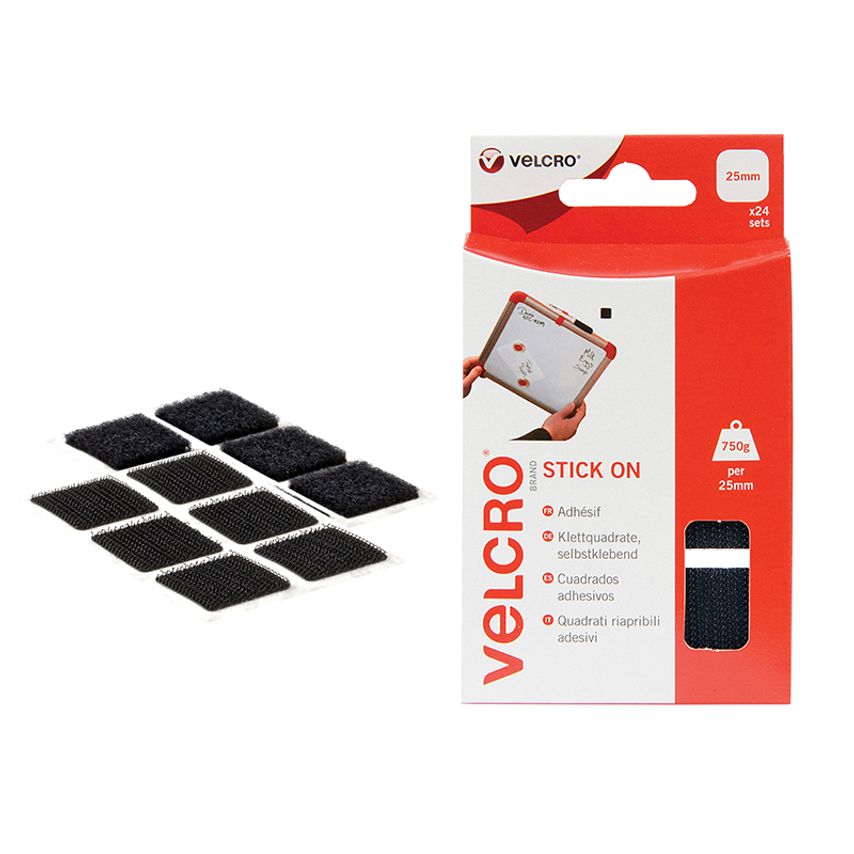 VELCRO Brand Stick On Squares 25mm Black (Pack 24) VEL60236
