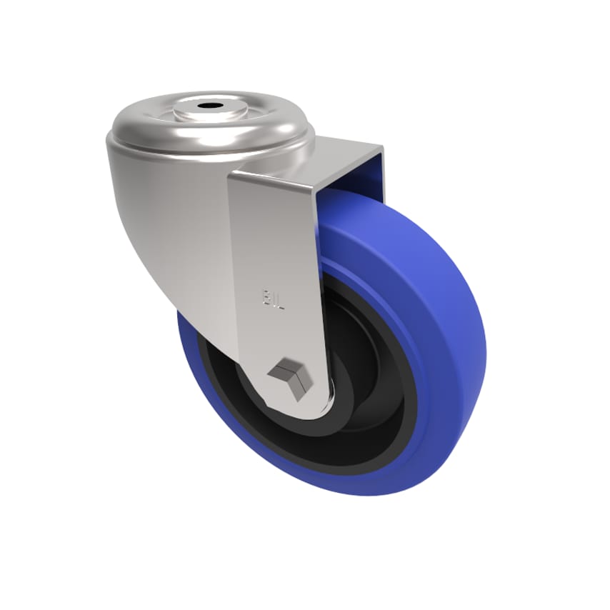 BIL Blue Elastic Rubber 75ShoreA Bolt Hole Swivel Castor 160mm 300kg Load BZMM16