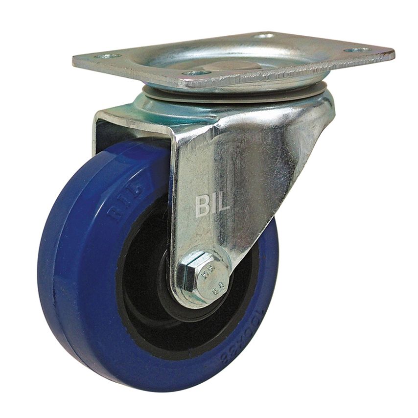 BIL Blue Elastic Rubber 75ShoreA Plate Swivel Castor 125mm 275kg Load BZP125RNB