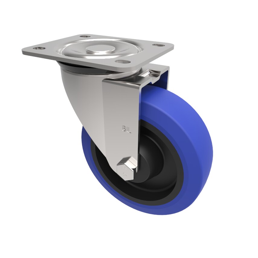 BIL Blue Elastic Rubber 75ShoreA Plate Swivel Castor 125mm 250kg Load BZEH125RNB