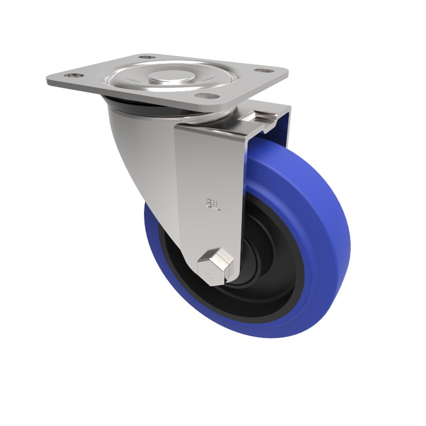 BIL Blue Elastic Rubber 65ShoreA Plate Swivel Castor 125mm 250kg Load BZEH125SRN