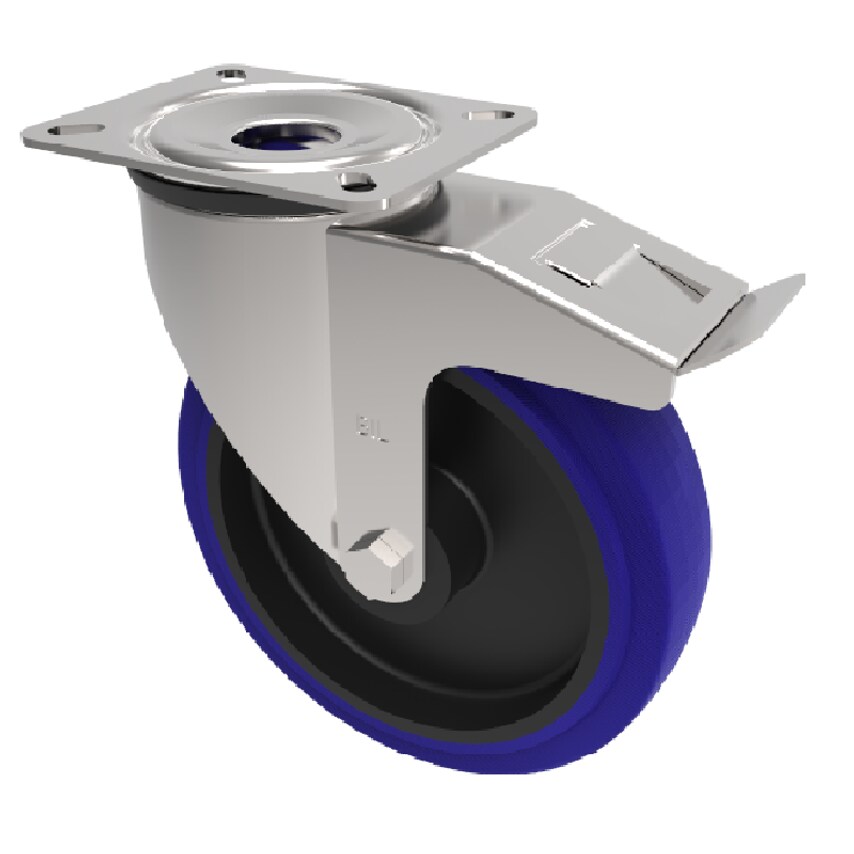 BIL Blue Elastic Rubber 75ShoreA Plate Swivel Castor Brake 160mm 300kg Load BZP1