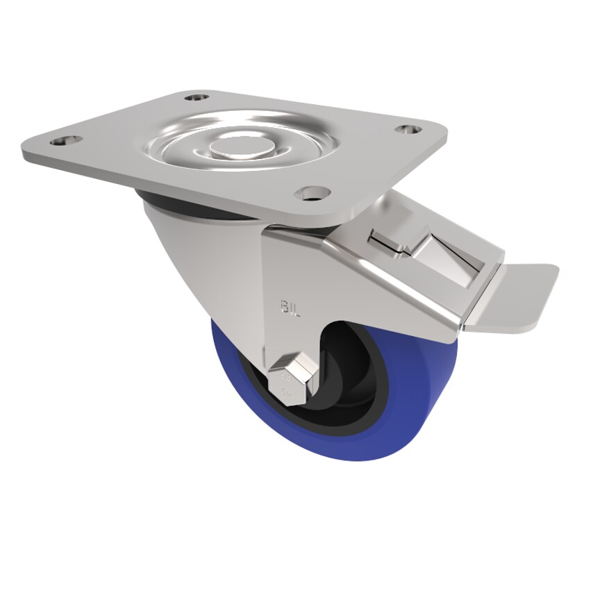 BIL Blue Elastic Rubber 75ShoreA Plate Swivel Castor Brake 100mm 160kg Load BZMM