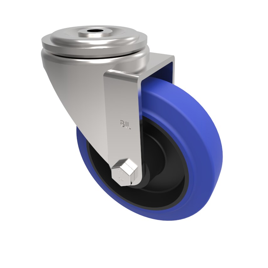 BIL Blue Elastic Rubber 65ShoreA Bolt Hole Swivel Castor 125mm 250kg Load BZH125
