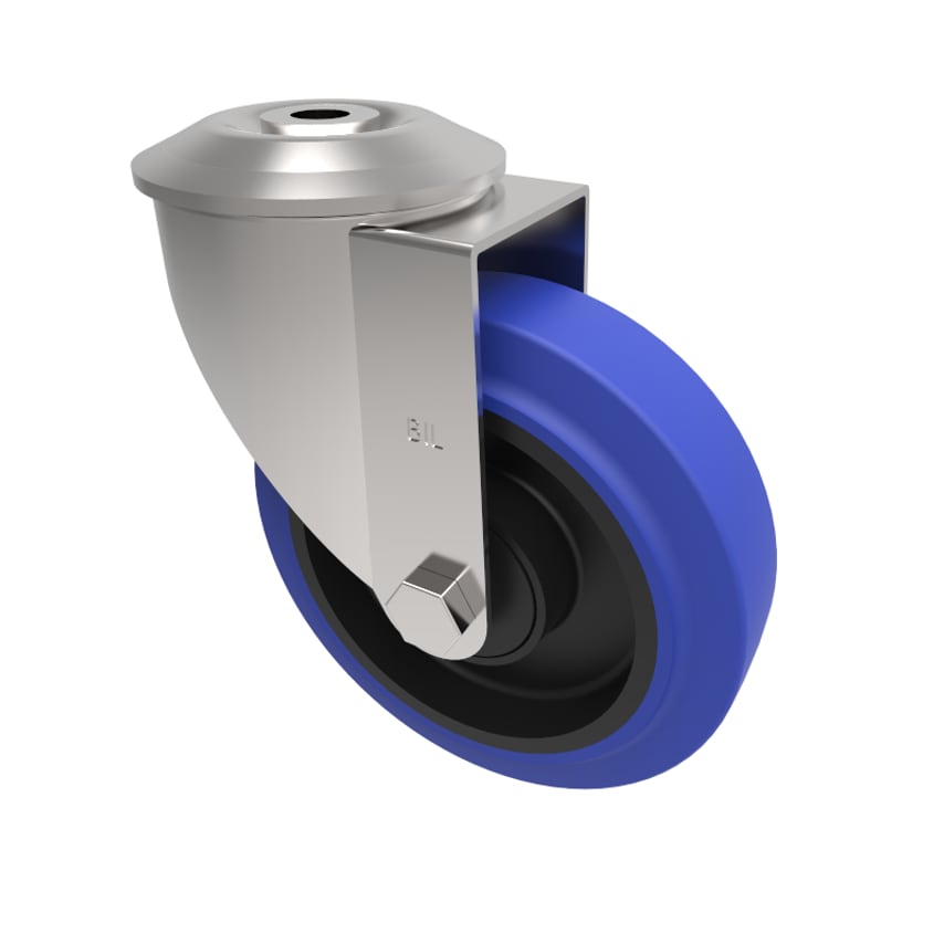 BIL Blue Elastic Rubber 65ShoreA Bolt Hole Swivel Castor 125mm 200kg Load BZMM12