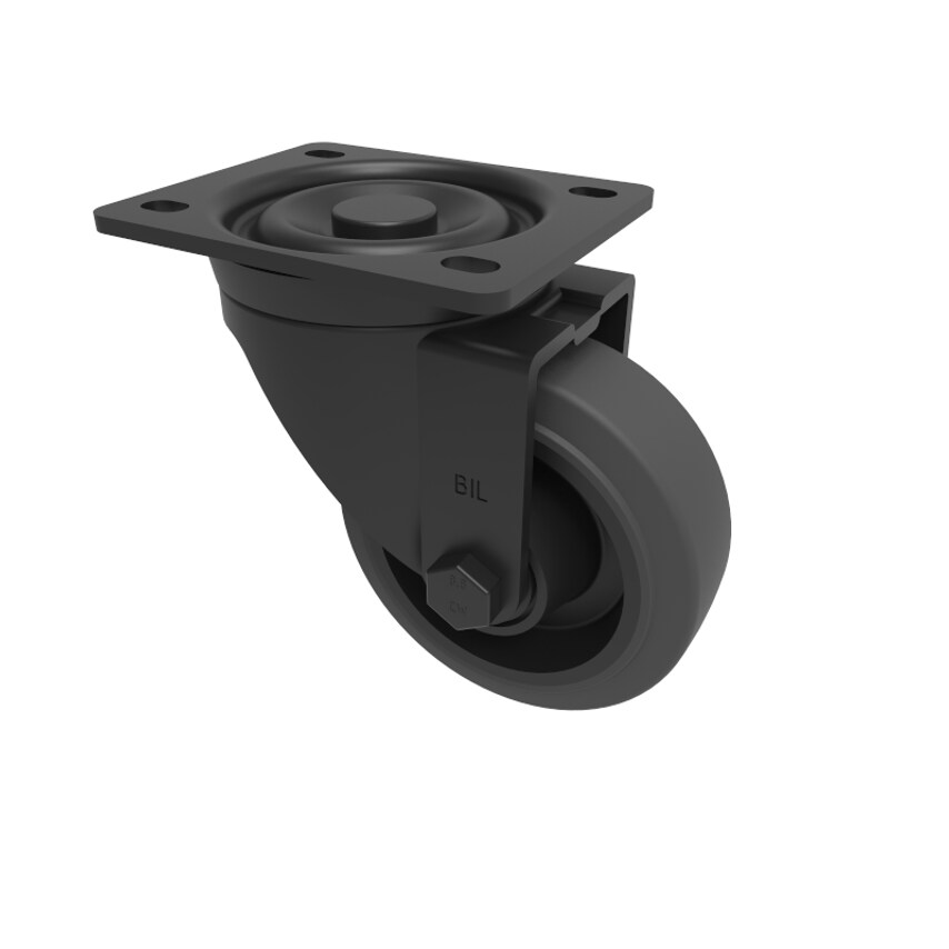 BIL Black Elastic Rubber 65ShoreA Plate Swivel Castor 100mm 200kg Load BLKH100SR