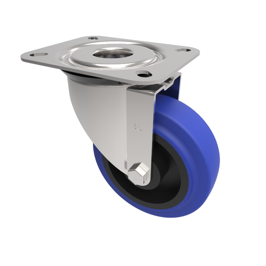 BIL Blue Elastic Rubber 75ShoreA Plate Swivel Castor 100mm 160kg Load BZGMM100RN