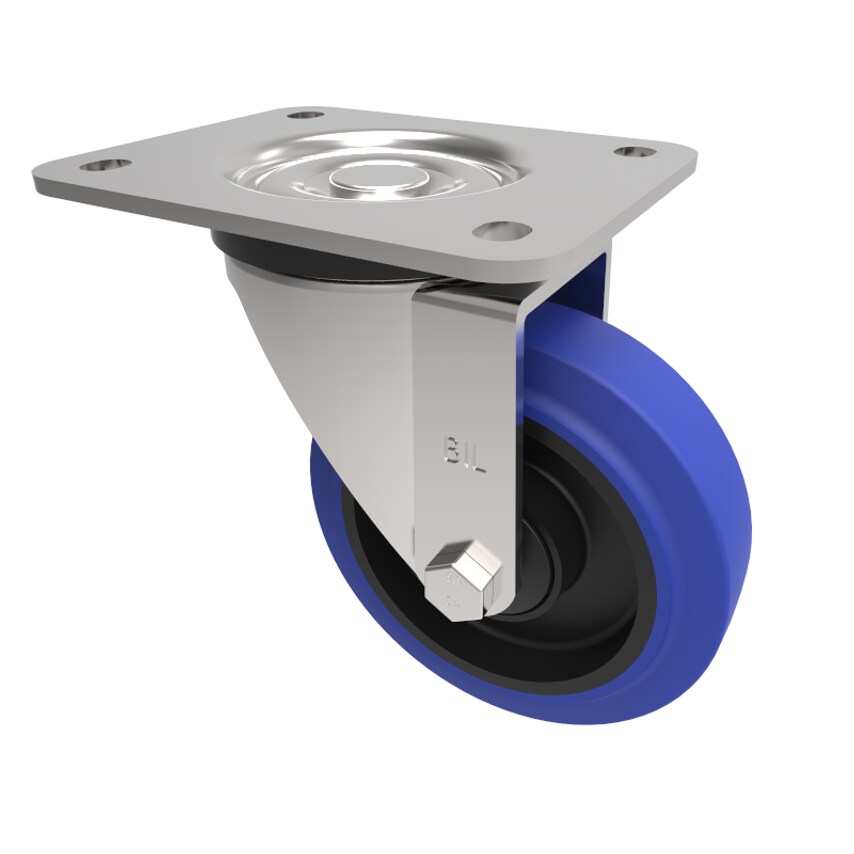 BIL Blue Elastic Rubber 65ShoreA Plate Swivel Castor 125mm 250kg Load BZPH125SRN