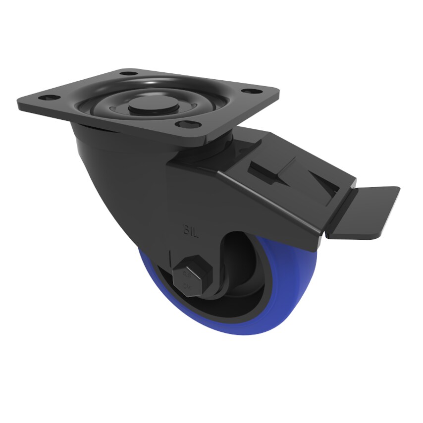 BIL Blue Elastic Rubber 65ShoreA Plate Swivel Castor Brake 125mm 250kg Load BLKH
