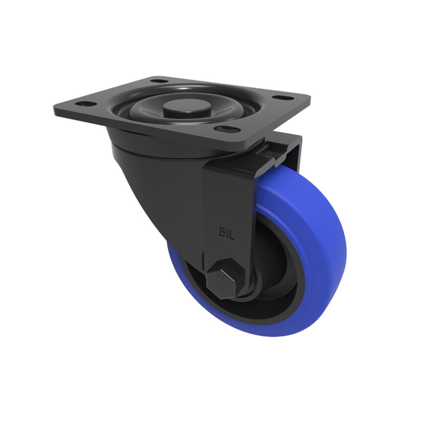 BIL Blue Elastic Rubber 65ShoreA Plate Swivel Castor 80mm 150kg Load BLKH80SRNB