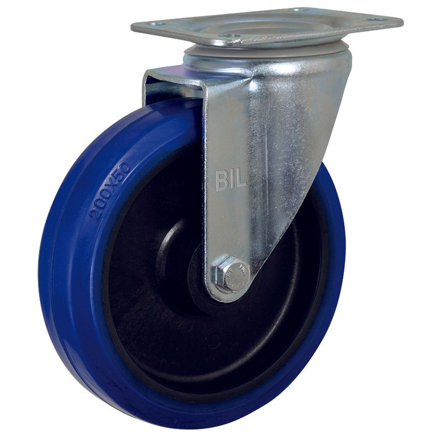 BIL Blue Elastic Rubber 75ShoreA Plate Swivel Castor 160mm 300kg Load BZWB160RNB