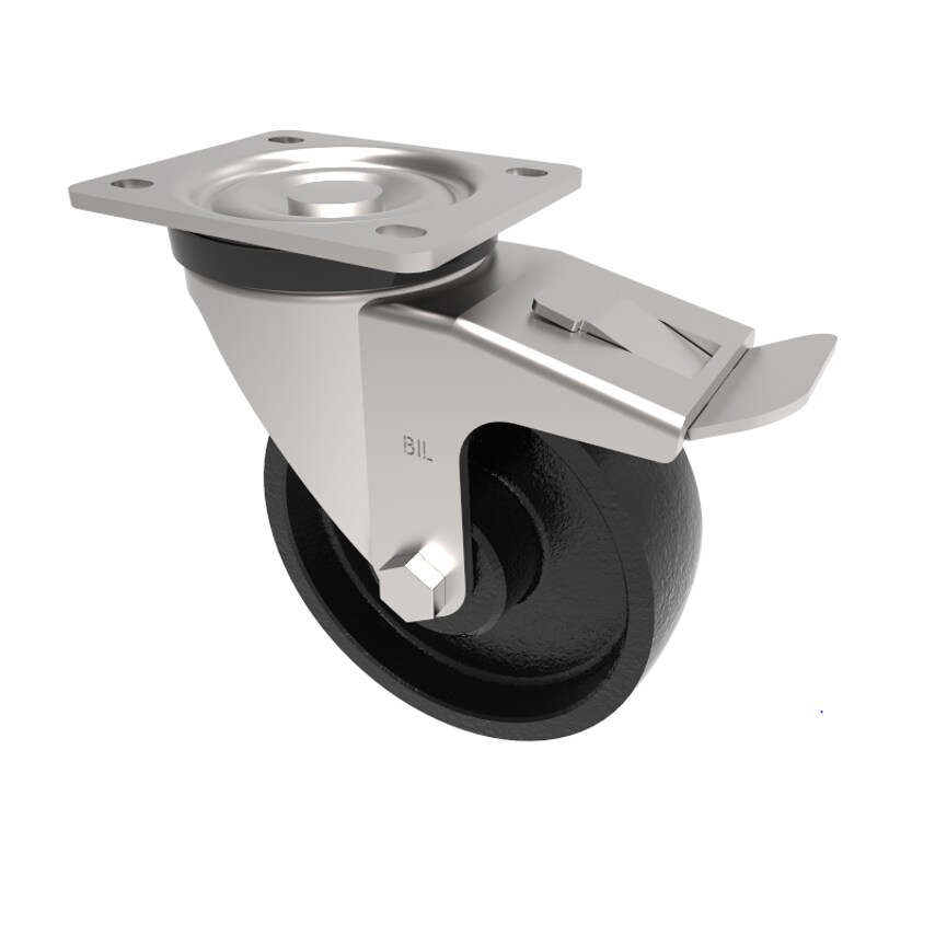 BIL Cast Iron Plate Swivel Castor Brake 125mm 500kg Load BZWH125CISWBLP