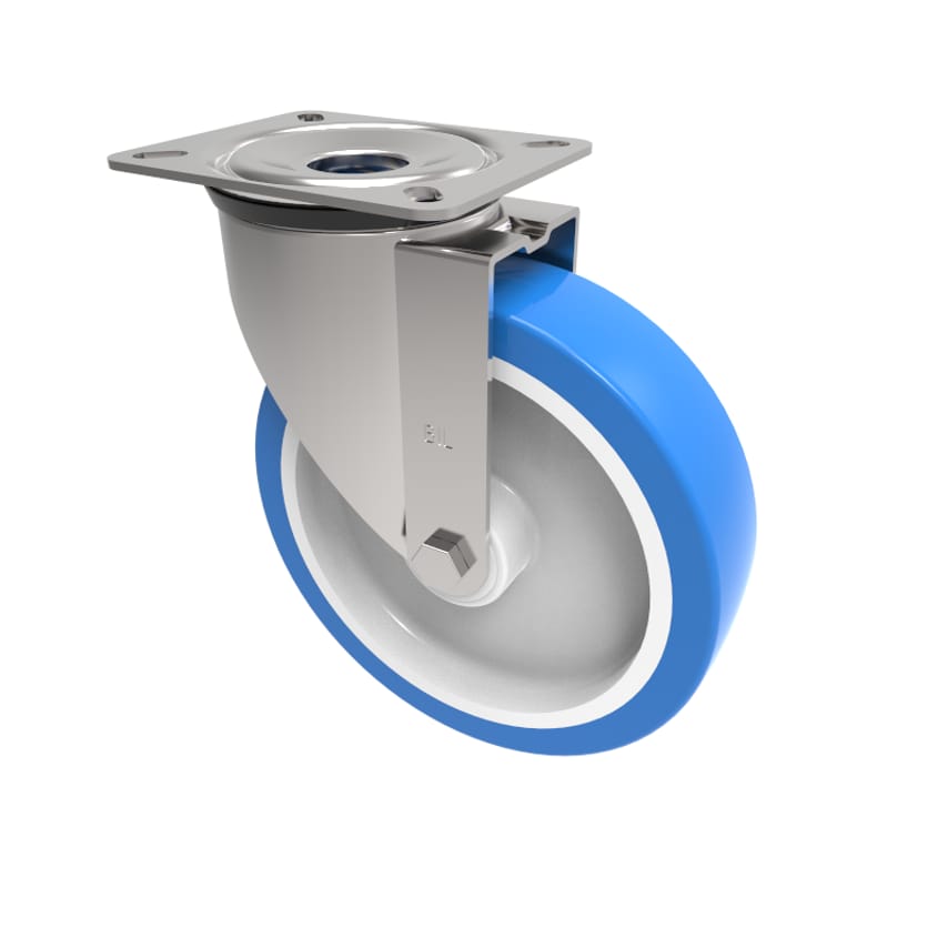 BIL Soft Blue Polyurethane Nylon Plate Swivel Castor 80mm 150kg Load SSMM80ENPB