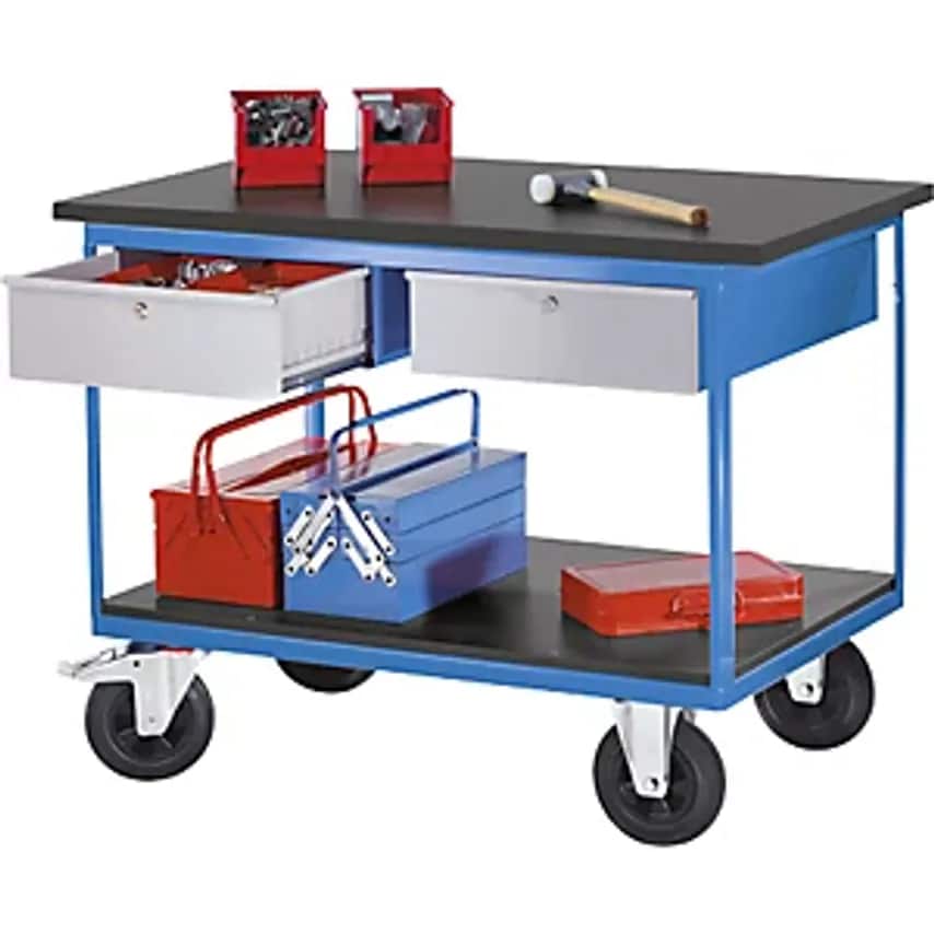EUROKRAFTpro Assembly Trolley, 2 Drawers, Light Blue Body, Fronts In White Alumi