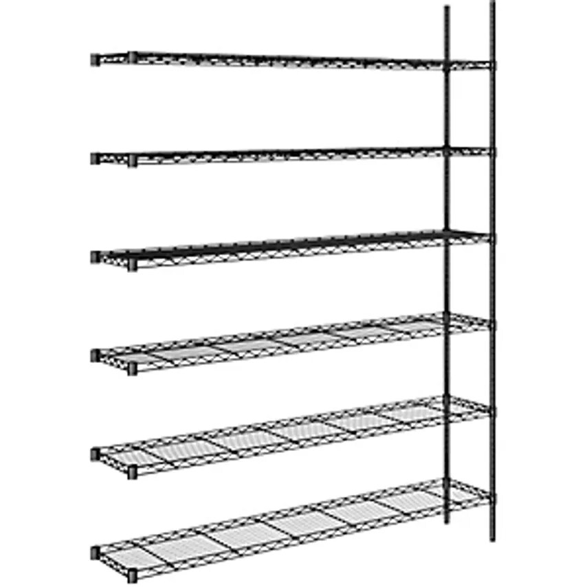 Steel Wire Mesh Shelf Unit - Black - Max. Load 100 Kg, WxD 1520 X 360mm, Extension, Height 2180mm, 6 Shelves