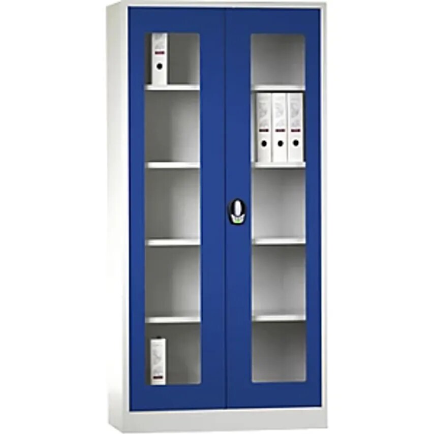 Double Door Cupboard With E Lock, With Vision Panel Doors, Light Grey/Gentian Blue