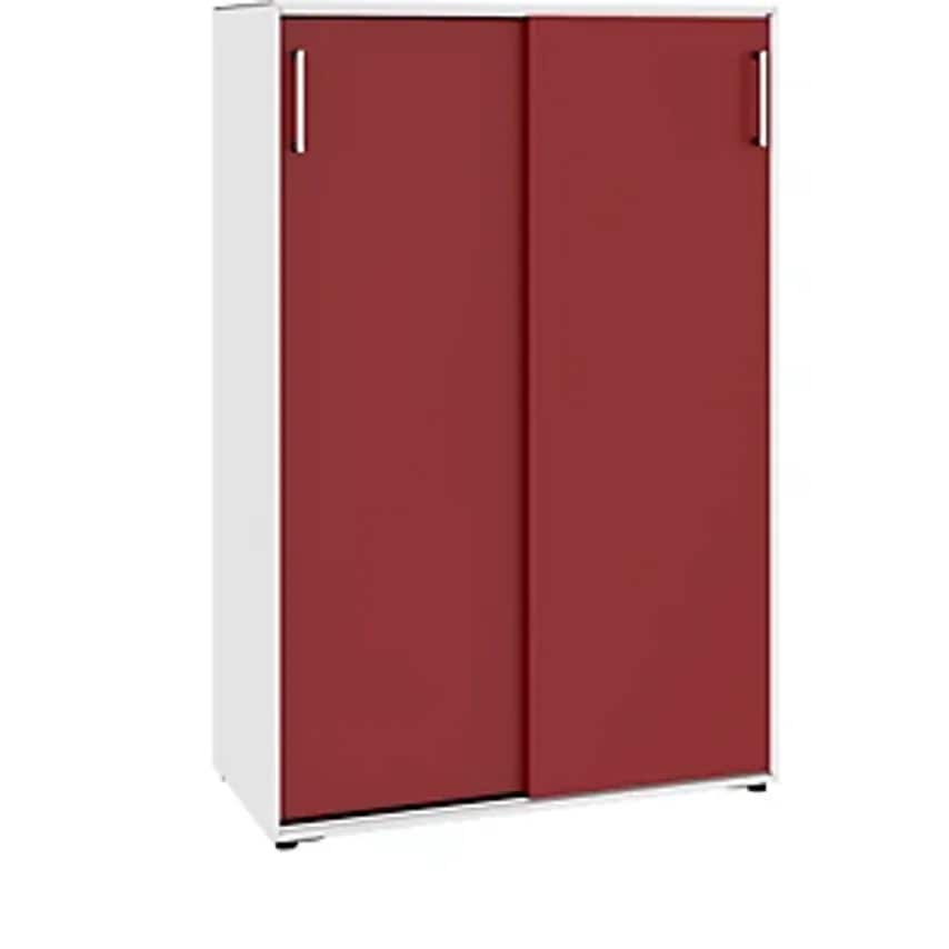 MAUSER Sliding Door Cupboard, 6 Compartments, Width 770mm, Pure White/Ruby Red