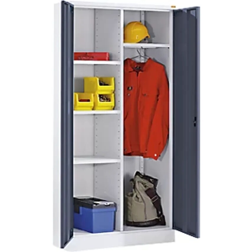 EUROKRAFTpro Steel Cupboard With Plinth, 1 Coat Rail, 3 Shelves, Light Grey/Basa