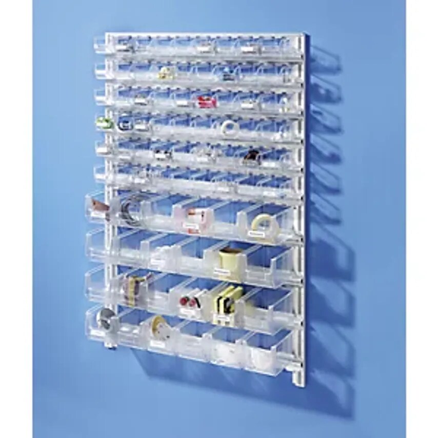 MAUSER Wall Shelf System With Open Fronted Storage Bins, 5 Rails, 30 Bins, HxW 1