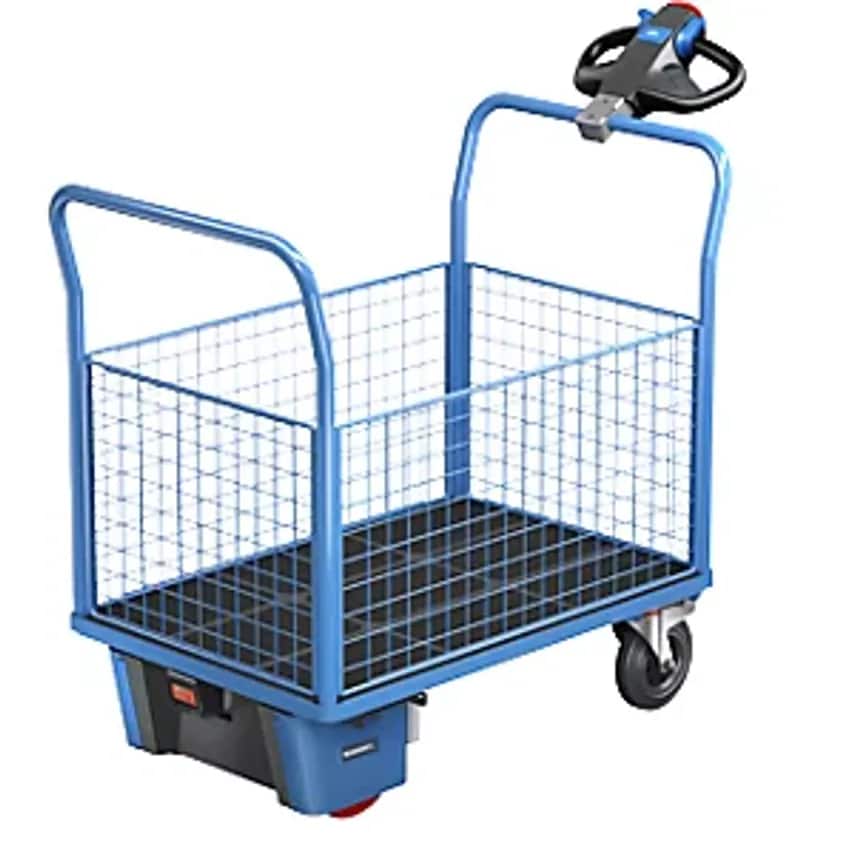 EUROKRAFTpro Platform Truck With Electric Drive, 4 High Mesh Panels, LxWxH 1620