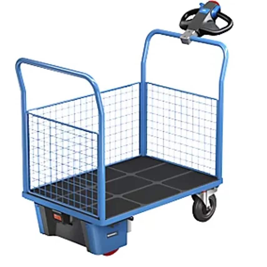 EUROKRAFTpro Platform Truck With Electric Drive, 3 High Mesh Panels, LxWxH 1620