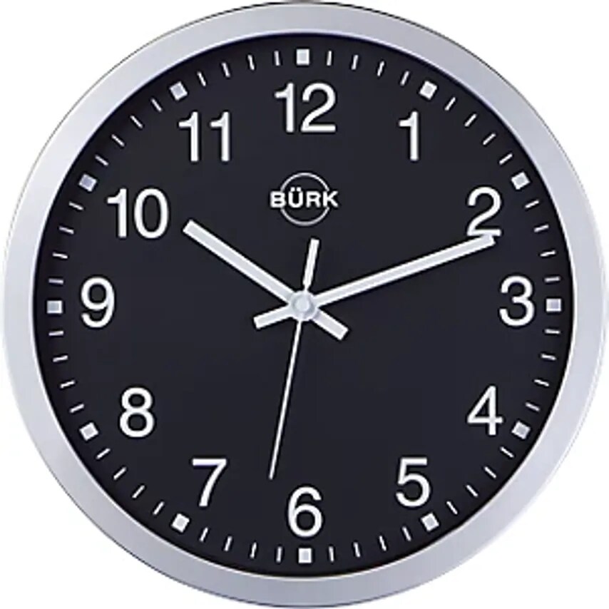 Wall Clock ABS Plastic, Silver, Ø300mm, Black Clock Face, Quartz Clock