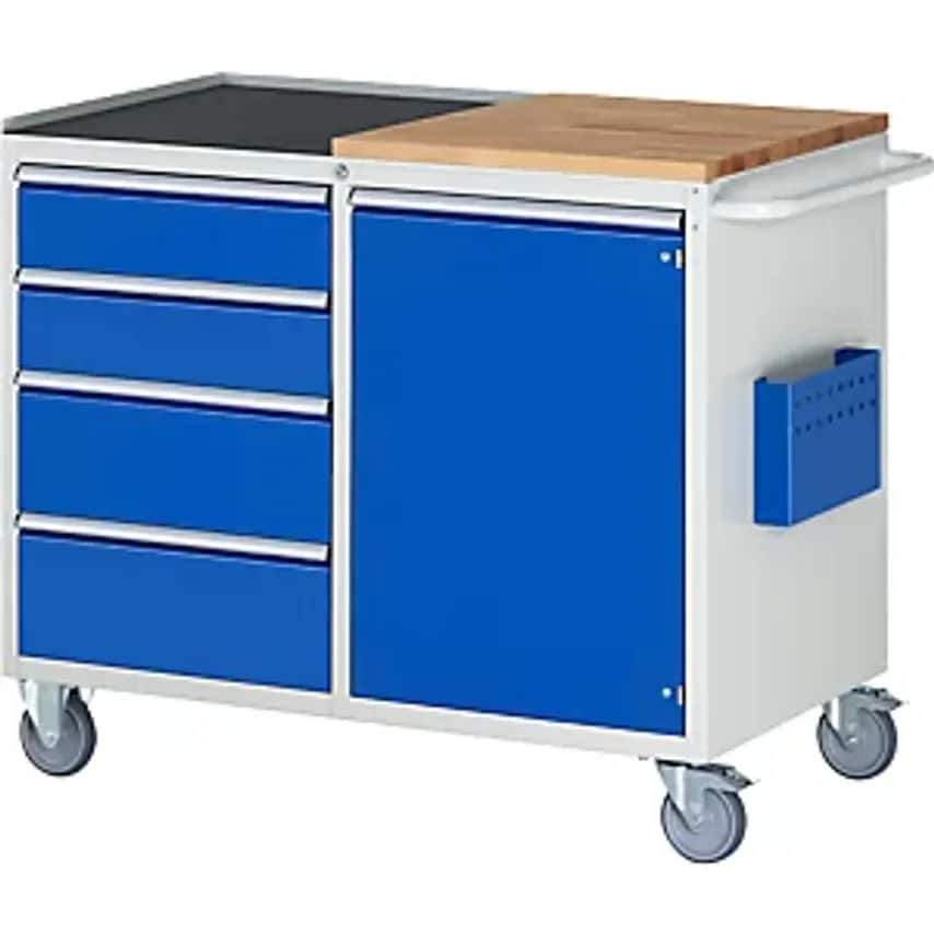 RAU Compact Workbenches - Mobile - 4 Drawers, Wood/Metal Work Surface
