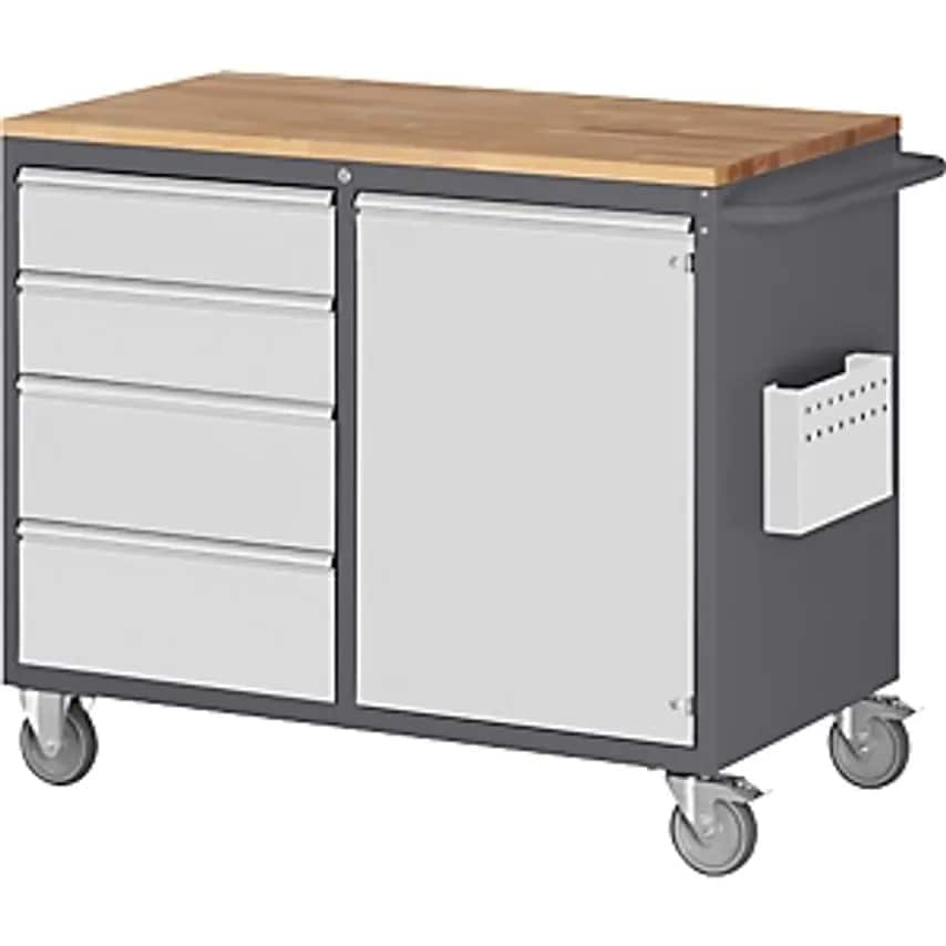 RAU Compact Workbenches, Mobile, 4 Drawers, 1 Door, Wood Work Surface, Charcoal/