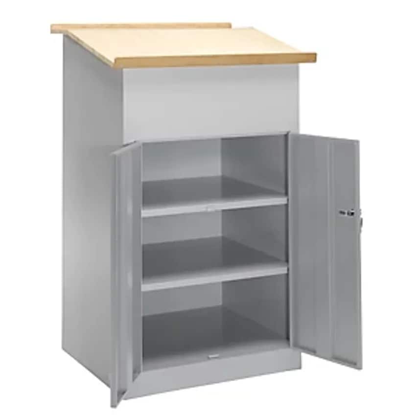 PAVOY Industrial Pedestal Desk, With Double Door Cupboard, Light Grey