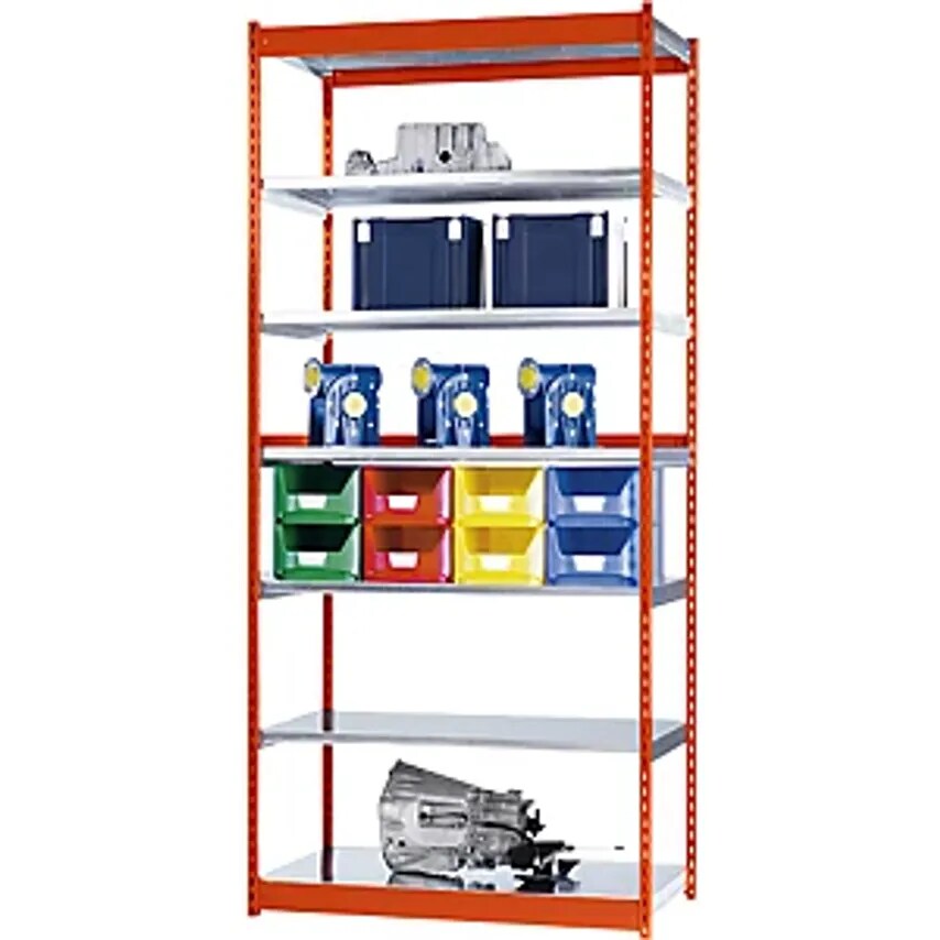 HOFE Stable Boltless Shelf Unit - Single Sided - Height 3000mm, Orange/Zinc-Plat