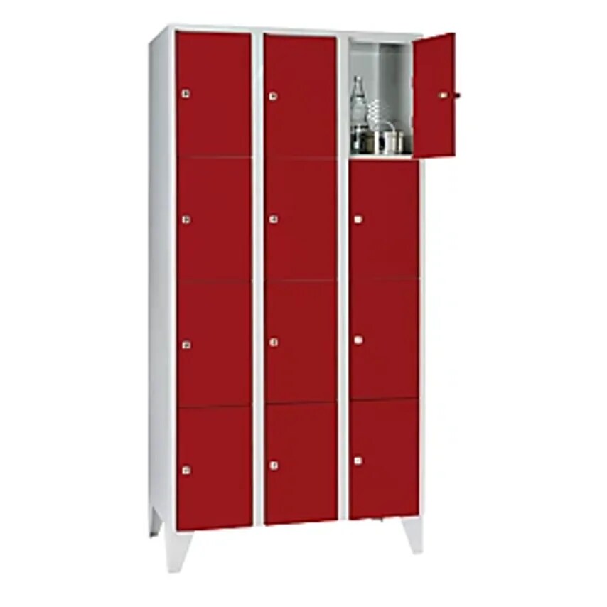 WOLF Clothes Locker, With Stud Feet, 12 Compartments, 300mm, Light Grey/Flame Re
