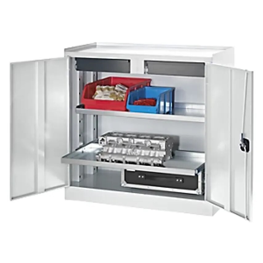 EUROKRAFTpro Tool And Side Cupboard, 2 Drawers, 2 Full Length Shelves, Light Gre