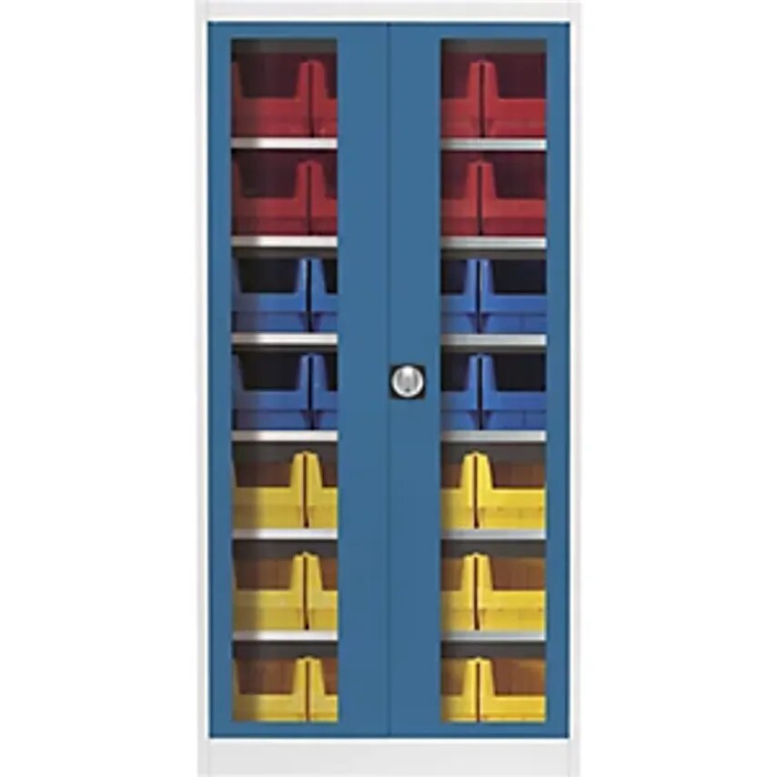 MAUSER Vision Panel Double Door Cupboard, With 28 Open Fronted Storage Bins, Lig