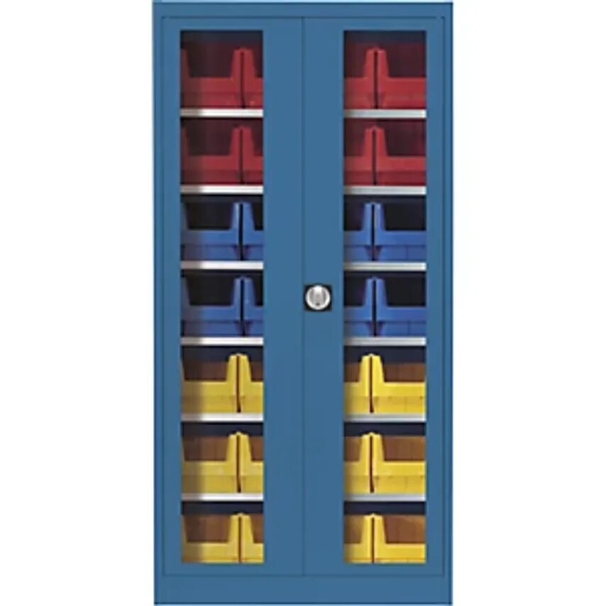 MAUSER Vision Panel Double Door Cupboard, With 28 Open Fronted Storage Bins, Bri