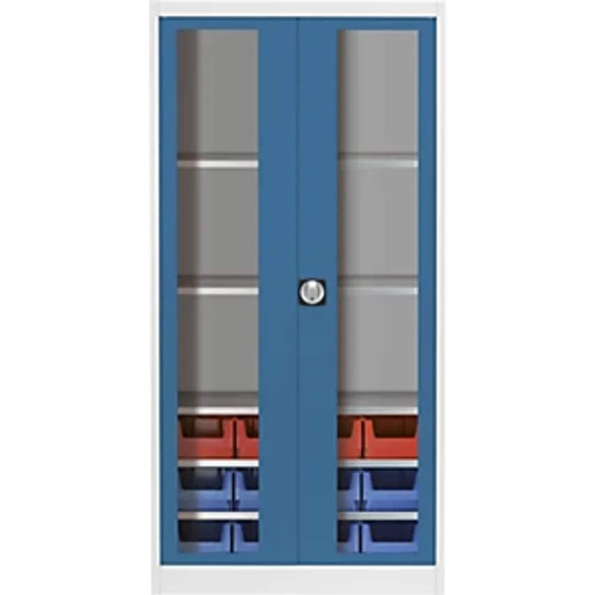 MAUSER Vision Panel Double Door Cupboard, With 12 Open Fronted Storage Bins, Lig