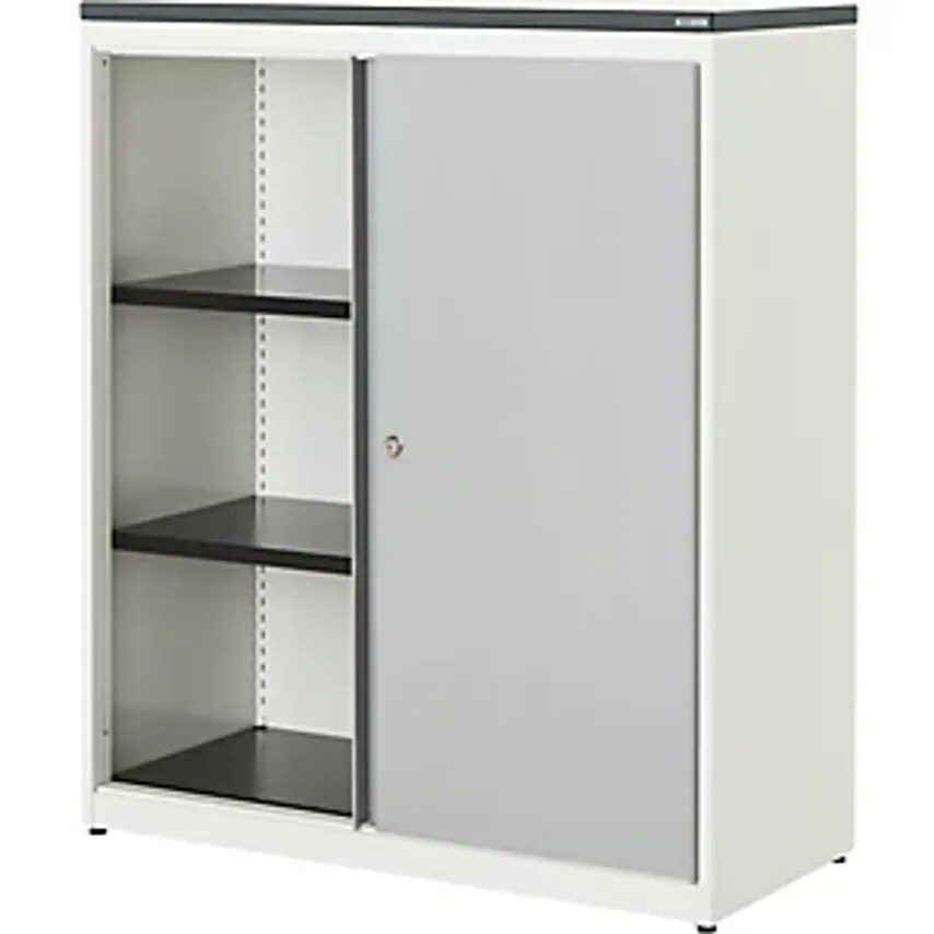MAUSER Sliding Door Cupboard - HxWxD 1180 X 1000 X 432mm - Pure White/White Alum