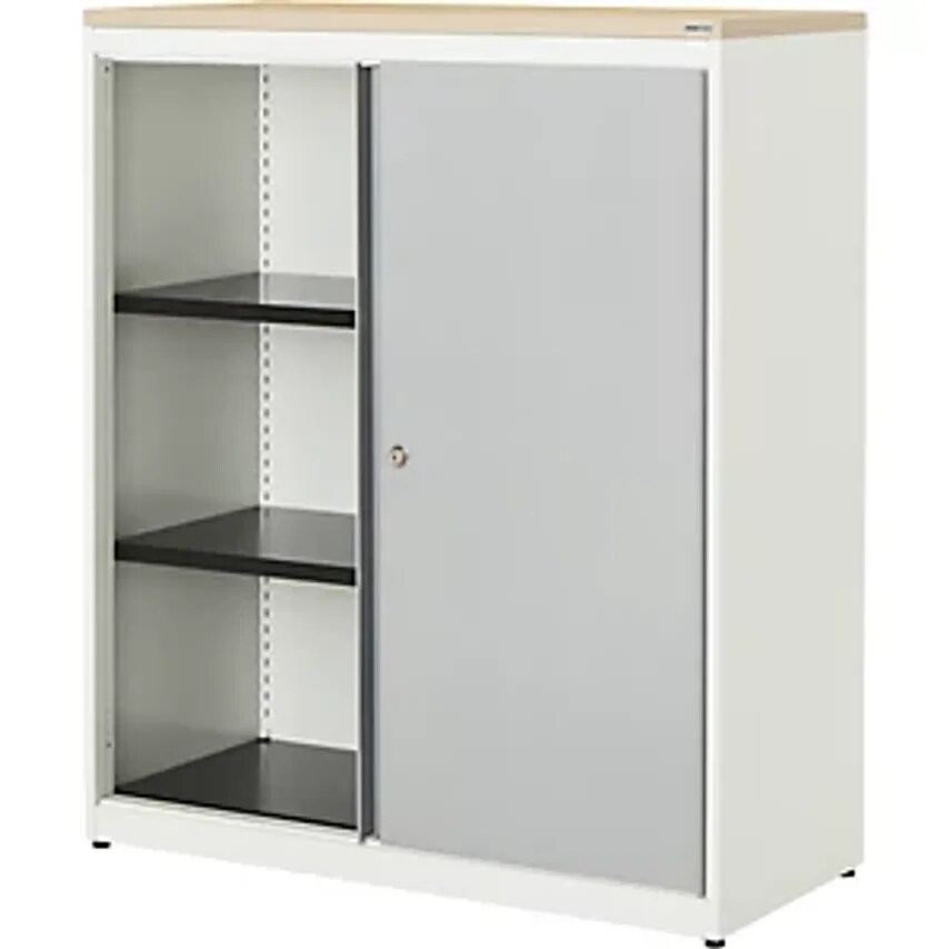 MAUSER Sliding Door Cupboard - HxWxD 1180 X 1000 X 432mm - Pure White/White Alum