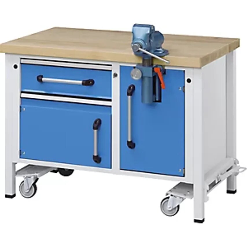 EUROKRAFTpro Compact Workbench With Lowerable Chassis And Vice, Solid Beech Work
